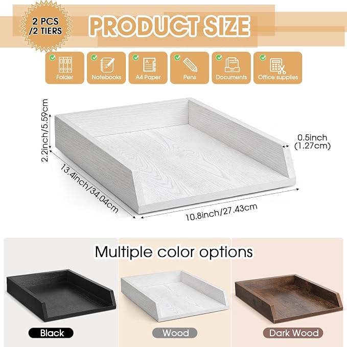 DoubleFill 2 Pcs Wooden Letter Trays 2 Tier Desktop Paper Organizer Wood Letter-Size Desk Document Tray Heavy Duty Stackable Paper Drawer Holder File Folder Back to School Office Home (White) - Image 3