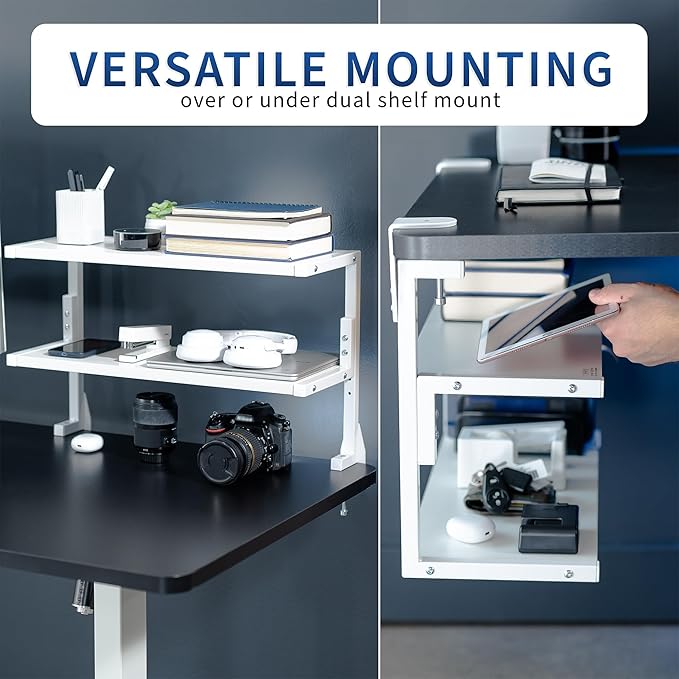 VIVO White Clamp-on 24 inch 2-Tier Desk Shelf, STAND-SHELF24C-W | Above or Below Desk, 2 Level Shelving Unit for Table Accessories, Gaming Devices, and More, Storage Tray, Desktop Organizer - Image 4