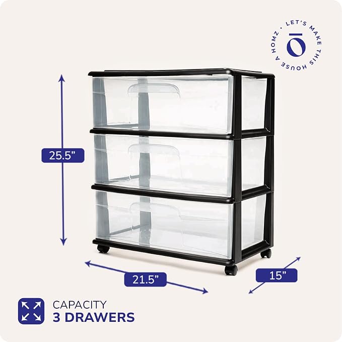HOMZ Drawer Tower, 3-Tier Storage Cart with Removable Wheels, White Frame | Wide Plastic Organizer with Clear Bin Drawers for Bedroom, Bathroom, Home Office, and Dorm Rooms - Image 2