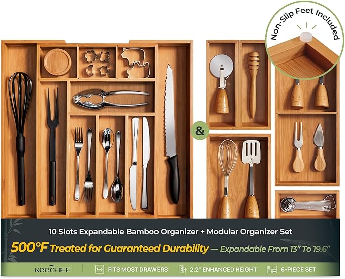 keechee 6-Piece Bamboo Drawer Organizer Set, 2.2" Deep Multi-Use Organizers for Utensils, Silverware, Cutlery, Desk, Bathroom, Junk Drawer & Makeup, Non-Slip Feet Included. by Keechee