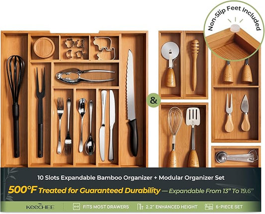 keechee 6-Piece Bamboo Drawer Organizer Set, 2.2" Deep Multi-Use Organizers for Utensils, Silverware, Cutlery, Desk, Bathroom, Junk Drawer & Makeup, Non-Slip Feet Included. by Keechee