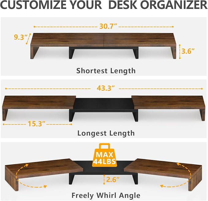 TAVR Dual Monitor Stand Riser, Wooden Computer Monitor Stand for 2 Monitors | Extra Long Multifunctional Desktop Organizer Riser for TV, PC Monitor, Laptop, Printer, Max 43.3" Length, Rustic Brown - Image 3