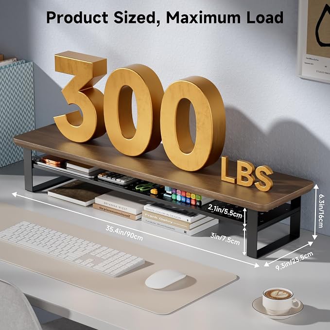 Dual Monitor Stand, 35.4 Inch Monitor Stand Riser for 2 Monitors, 2 Tiers Wood Desk Shelf with Storage, Desktop Organizer Stand for Computer, Laptop, Printer, TV - Image 2