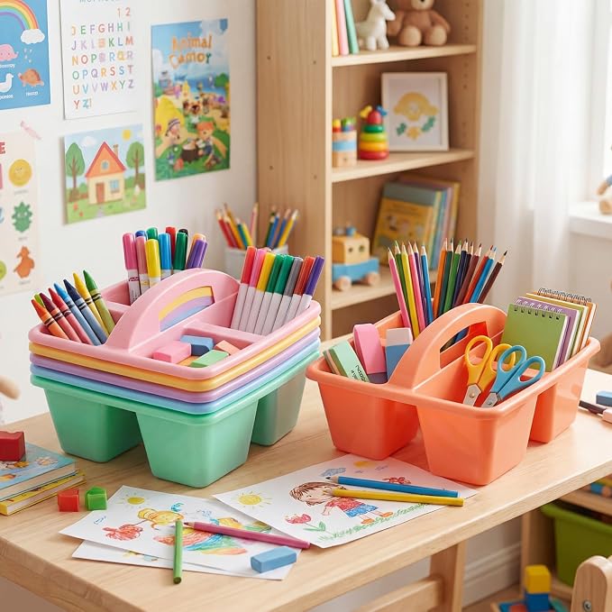 Lineshading 12 Pack Plastic Classroom Caddy - 4 Compartment Organizer Boho Color Table Caddy with Handles for School Home Office Supplies (Yellow,Green,Blue,Pink,Red,Orange) - Image 6
