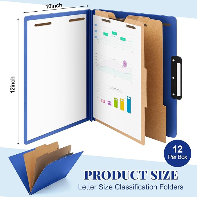 Henoyso 12 Pcs Letter Size Classification Folders 2 Divider, 1/3-cut Metal Tab, File Folder with 3'' Expansion, 2 Prong Fastener, 60 Labels, Heavy Duty File Folder for Office School Medical - Image 2