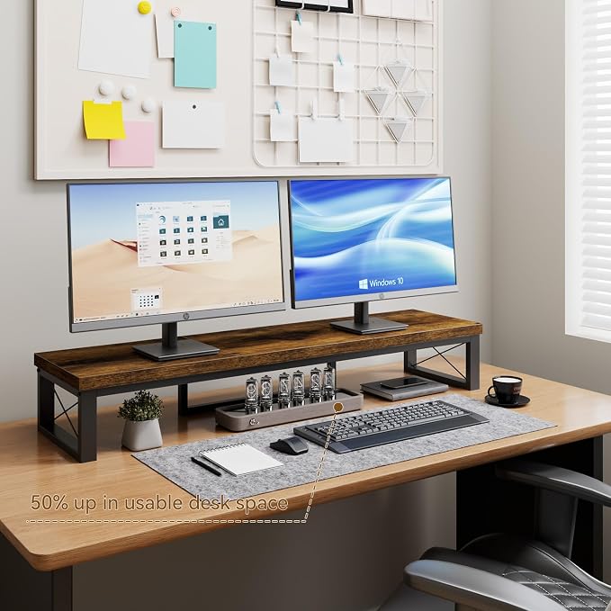 IBUYKE Large Dual Monitor Stand Riser for 2 Monitors, Wooden Desktop Computer Monitor Stand Storage Shelf and Steel Legs,Dual Screen Office Desk,Monitor Riser for Computer, Printer,Laptop,TV,Rustic Brown UTDJ002H - Image 8