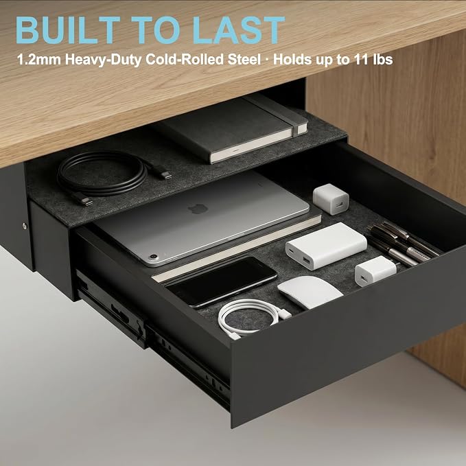 Under Desk Drawer with Lock, 13.8 Inch Slide-Out Metal Storage Drawer,Black | Steel Undermount Drawer, Standing Desk Drawers with Cable Management for Office & Home - Image 6