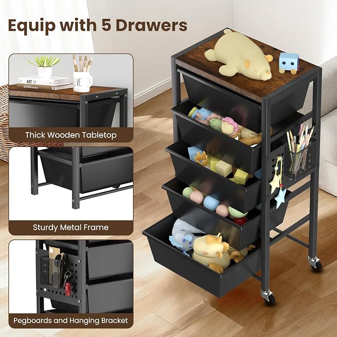Rolling Cart with 5 Drawers, Plastic Drawer Storage Carts with Wheels & Wooden Tabletop, Metal Utility Cart with Pegboards, Office Living Room Classroom Craft Organization and Storage, Dark Black - Image 5