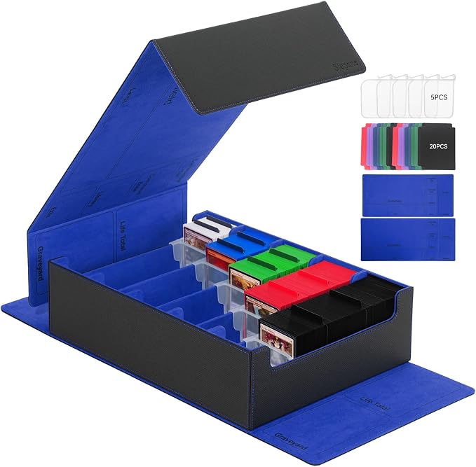 5 Row Trading Card Storage Box, 3800+Bulk Card Organizer Box with 20 Dividers & 5 Supporters, Graded Card Deck Box for YuGiOh, MTG, TCG with Double Lid Black/Blue by Stepane