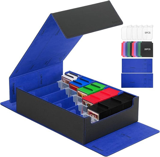 5 Row Trading Card Storage Box, 3800+Bulk Card Organizer Box with 20 Dividers & 5 Supporters, Graded Card Deck Box for YuGiOh, MTG, TCG with Double Lid Black/Blue by Stepane