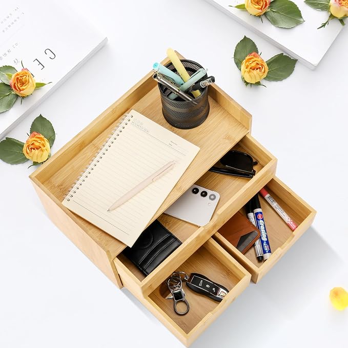 Charmewooden Bamboo Desk Organizer With Drawers Countertop Drawers Counter Storage Box Corner Desk Organizer for Home Office No Assembly Required (3 Drawers with shelf) - Image 7