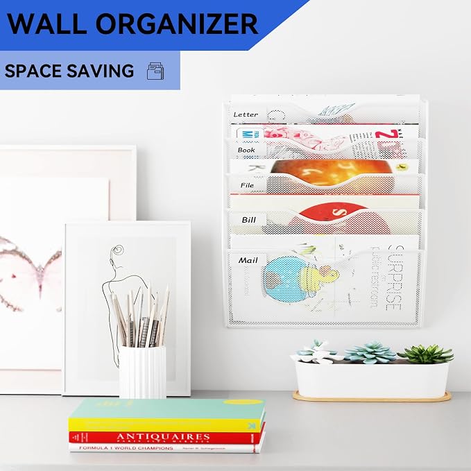 5 Pockets Hanging Wall File Organizer Mail Holder, Wall Mounted Paper Document Folder Holder, Clipboard Storage Organization Magazine Rack, White - Image 2