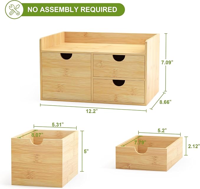 Wisuce Bamboo Desk Drawer Organizer, 3 Drawer Desktop Organizer with Drawers Tabletop Storage Organization Box for Office Home Toiletries Supplies Vanity, No Assembly Required - Image 3