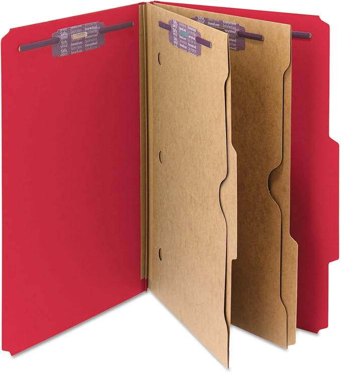Smead Pressboard Classification File Folder with SafeSHIELD Fasteners, 2 Pocket Dividers, 2" Expansion, Legal Size, Bright Red, 10 per Box (19082) - Image 6