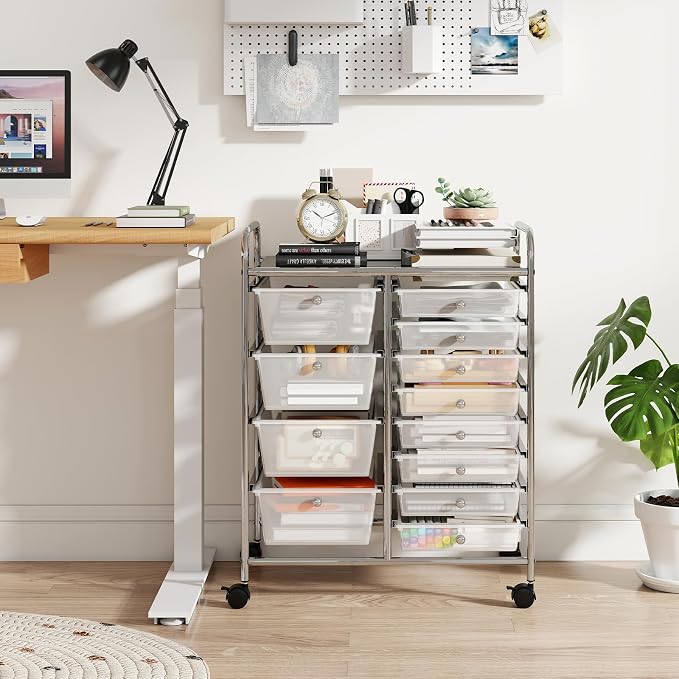 COSTWAY 12 Drawer Rolling Storage Cart, Utility Cart with Metal Frame | Mobile Art Supply Craft Organizer, Multipurpose Storage Organizer for Paper, Office, School Teacher, Classroom, Transparent - Image 2