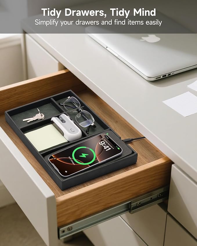 Valet Tray, Built in Wireless Charging Pad, Nightstand Organizer, Two-Toned Premium Vegan Leather Desk Bedside Caddy Organizer Tray for Keys, Watch, Wallet, Jewelry (Black+Green) - Image 5