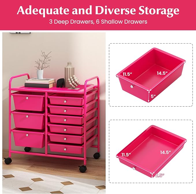 Moccha 9-Drawer Rolling Storage Cart - Under Desk Storage Drawers with wheels for Craft Art Supply Paper Salon, Scrapbook Paper Tools, Mobile Utility Cart for Classroom, Hot Pink - Image 4