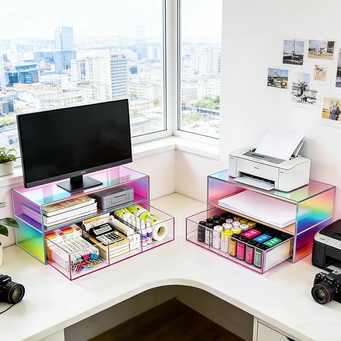 Gelite Acrylic Computer Monitor Stand for Desk Monitor Riser with Drawer Desktop Monitor Shelf with Storage, Iridescent - Image 5