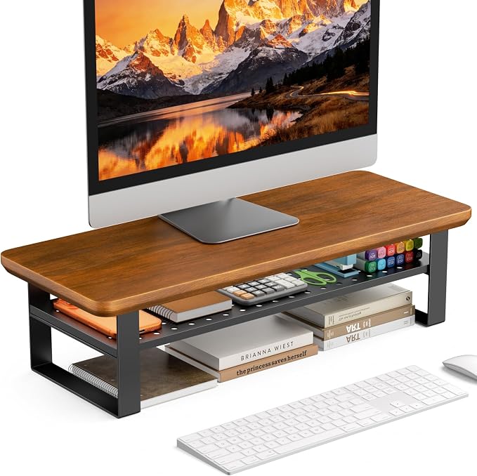 Monitor Stand Riser, 24 Inch Computer Monitor Stand for Desk, 2-Tier Wood Desk Shelf Organizer with Storage, Desktop Stand for Laptop/Screen/PC/Printer, Ergonomic Home Office Monitor Stand by NestNeatHome
