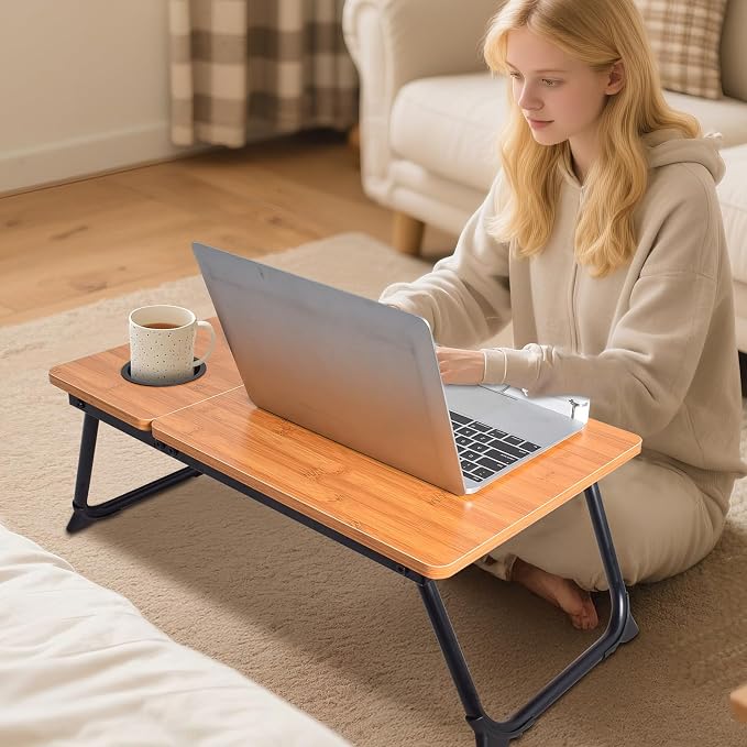 Adjustable Laptop Bed Table with Book Stand, Portable Reading Desk with Side Panel, Wood Grain - Image 2