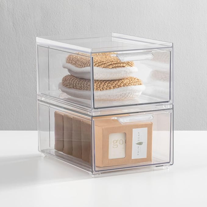 mDesign Plastic Bathroom Organizer Bin w/Pull Out Drawer - Slim Stackable Storage Container for Bathroom Accessories - Perfect for Organizing Bathroom Cabinet - Lumiere Collection - 8 Pack - Clear - Image 2