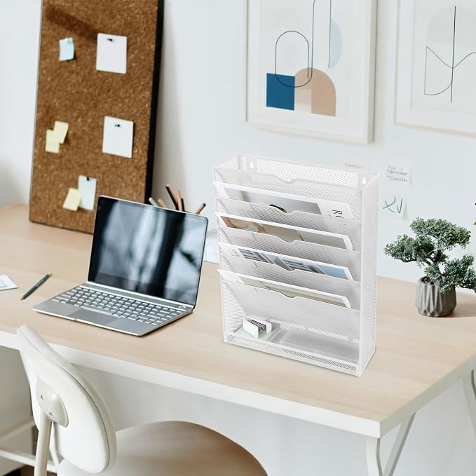 6 Tier Mesh Hanging Wall File Organizer, Desk Vertical Mail Paper Document Folder Holder Rack with Bottom Tray and Nametag Label for Office Home School, White - Image 7