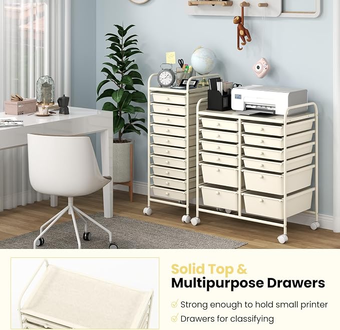 Moccha 12-Drawer Rolling Storage Cart - Utility Cart on Wheels with Lockable Casters for Craft Art Supply Paper Salon, Mobile Drawer Carts for Classroom Teacher School Office (White) - Image 6
