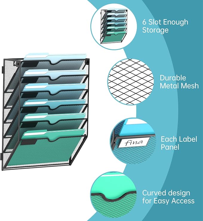6-Tier Wall File Organizer, Wall Mounted Mail Sorter, 2 Pack | Metal Mesh Hanging File Organizer with Open Compartments and Label Panels for Papers and Folders at Home, Office or School - Image 3