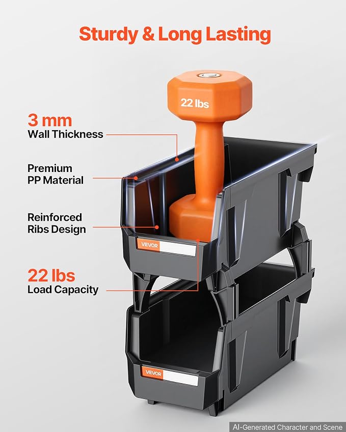 VEVOR Plastic Stackable Storage Bins, 10.9 x 5.5 x 5.1 inch (8 Pack), Plastic Containers for Organizing and Storage Bins for Closet, Garage, Small Parts, Office Supplies and Other Accessories, Black - Image 6