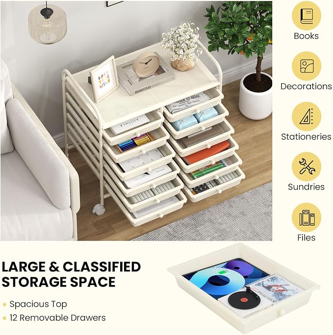 Giantex 12 Drawers Rolling Cart, Mobile Storage Drawer Cart, Classroom Organizer Cart for Office School Supplies Tools Scrapbook Paper Craft Small Printer, Utility Cart on Wheels, White - Image 7