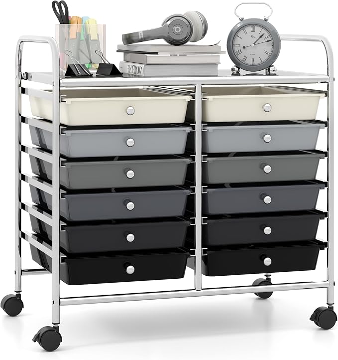 Giantex 12 Drawers Rolling Cart, Mobile Storage Drawer Cart, Classroom Organizer Cart for Office School Supplies Tools Scrapbook Paper Craft Small Printer, Utility Cart on Wheels, Black Gradient by Giantex