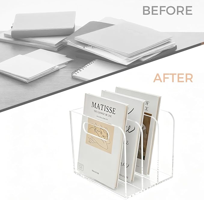 Lovemolly 3-Slot Clear Acrylic Magazine File Holder, Vertical Desk Organizer with Handle – No-Assembly Document Sorter for Office & Home, 7.48 x 6.69 x 6.3 in - Image 8