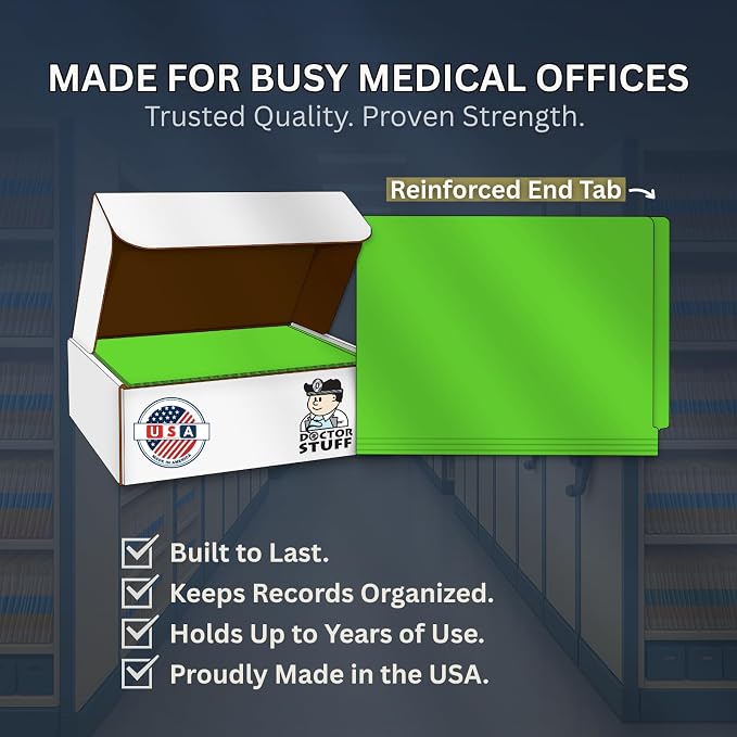 Green File Folders, USA Made, Doctor Stuff, No Fasteners, Durable 11pt, Reinforced End Tab, Colored Office & Medical Charts and Patient Chart Folder, Box of 100 - Image 7