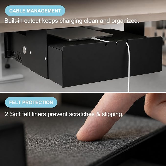 Under Desk Drawer with Lock, 13.8 Inch Slide-Out Metal Storage Drawer,Black | Steel Undermount Drawer, Standing Desk Drawers with Cable Management for Office & Home - Image 7