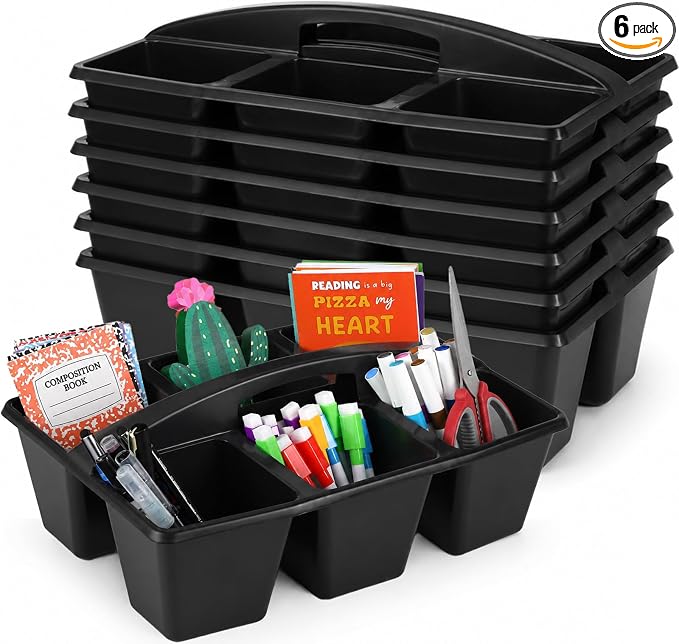 6 Pack Assorted Colors 6 Compartment Classroom Caddy with Handle Portable Plastic Storage Classroom Caddies Organizer for Classrooms Supply Teacher Office Table Desk(Black) by Yakydesign
