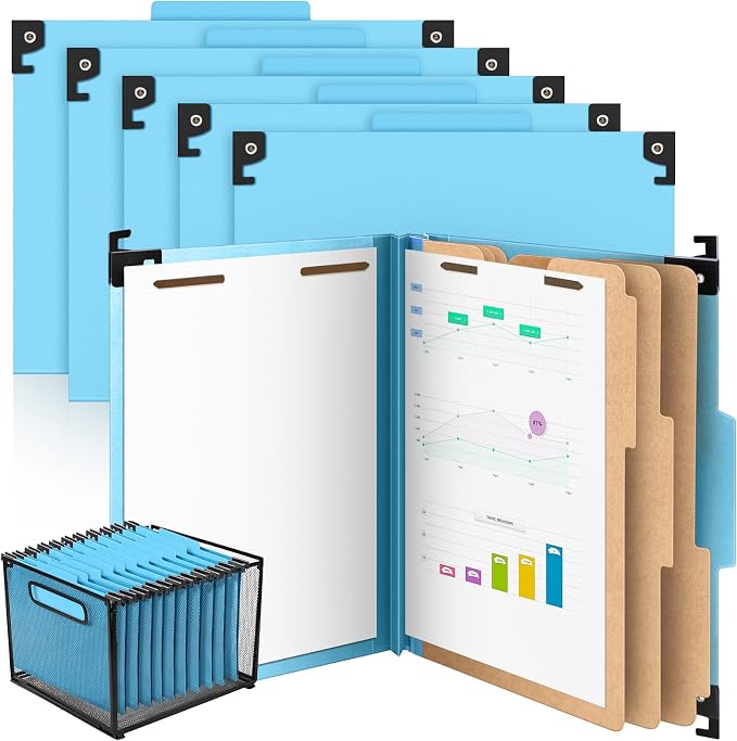 Henoyso 10 Pcs Hanging Classification File Folders, Letter Size Light Blue Folders with 3 Pressboard Dividers, 8 Fasteners, 4 Inch Expansion, 1/3-cut Top Tab for Medical Records and File Cabinet by Henoyso