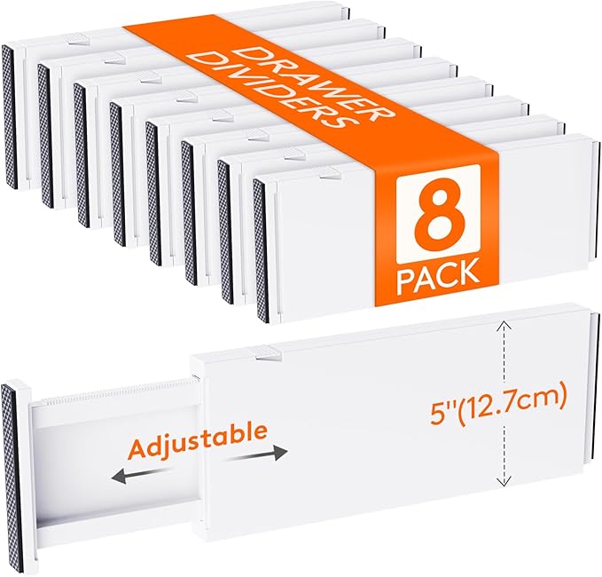 Lifewit 5" Tall Upgrade Drawer Dividers, Adjustable Deep Drawer Organizer | 13.5"-22" Expandable White Drawer Separator for Clothes, Dresser/Kitchen/Closet/Bedroom/Office Organization & Storage, 8 Pack by Lifewit