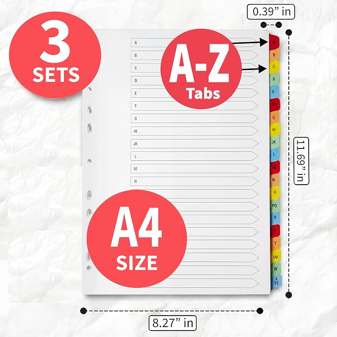 The Paper Shop A-Z Dividers for 3 Ring Binder - A4 (3 Pack) | Alphabet Binder Dividers with Tabs for Office School & Home | A-Z Alphabetical Index Tabs 150gsm | Colour-Coded Set, 3-Pack - Image 2
