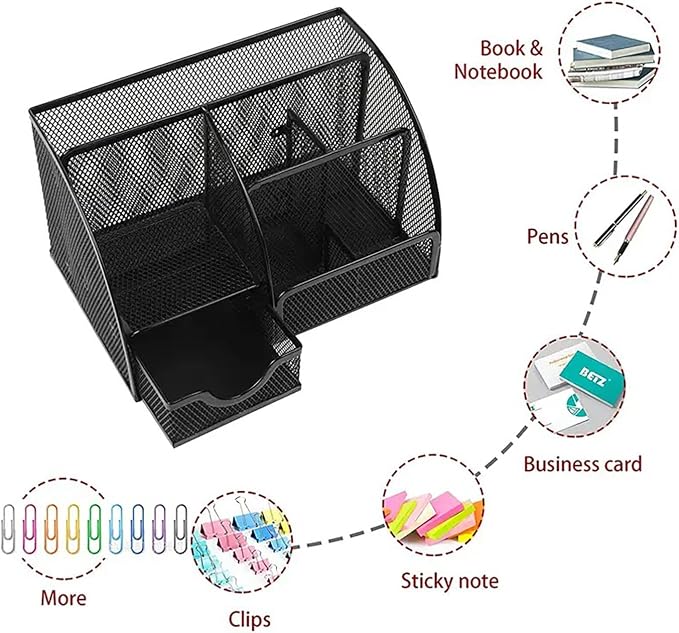 Desk Organizer and Pencil Case with Drawer and 6 Compartments in Black Metal Mesh. Space-Saving Desk Organizer for Pens, Pencils, Sticky Notes, Clips and Staplers - Image 6