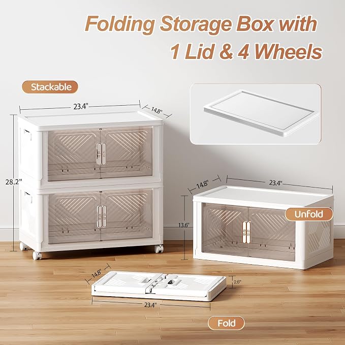 Storage Bins with Lid 76QT, Stackable Storage Containers with Wheels and Magnetic Doors, Plastic Clothes Closet Organizers and Storage Box for Home and Office(2 Pack) - Image 3