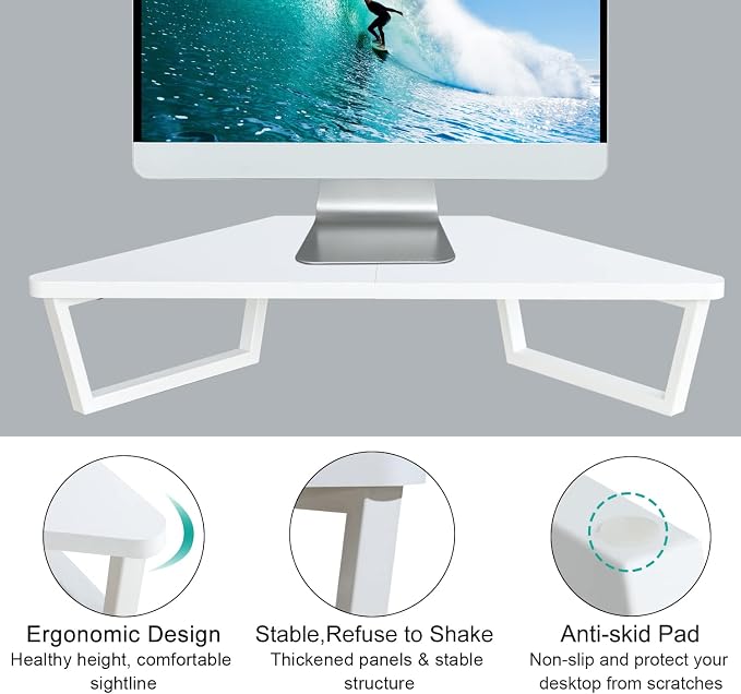 TEAMIX 26 inch White Triangle Monitor Stand Riser, Desktop Corner Shelf with Metal Leg Wood Computer Stand with Storage Laptop Riser Office Organization | Triangle Monitor Stand, Wood & Metal Computer Stand, Laptop Riser, Desktop Organizer, for L Shape... - Image 4
