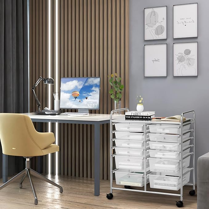 COSTWAY 12-Drawer Rolling Storage Cart, Moveable Art Craft Organizer | Lockable Wheels, Metal Shelf, Files Arrangement Tools Makeup Storage Cart for Office, Home, School (Clear) - Image 2