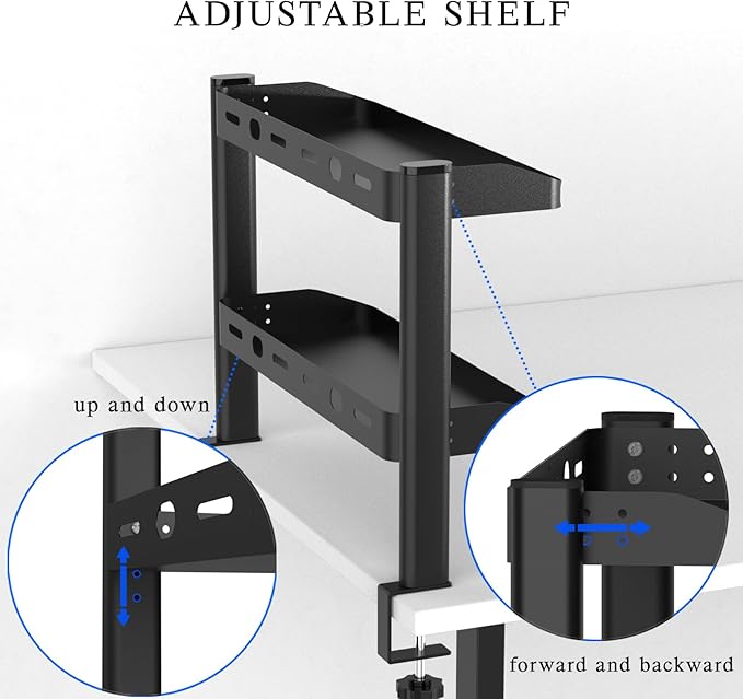 Clamp on Desk Shelf, 17in 2-Tier Office Desk Shelves Organizer, Small Shelf for Top of Desk with Headphone Holder and Hooks, Desktop Storage Rack for Home Workspace, Study Rooms, Gaming Accessories - Image 7