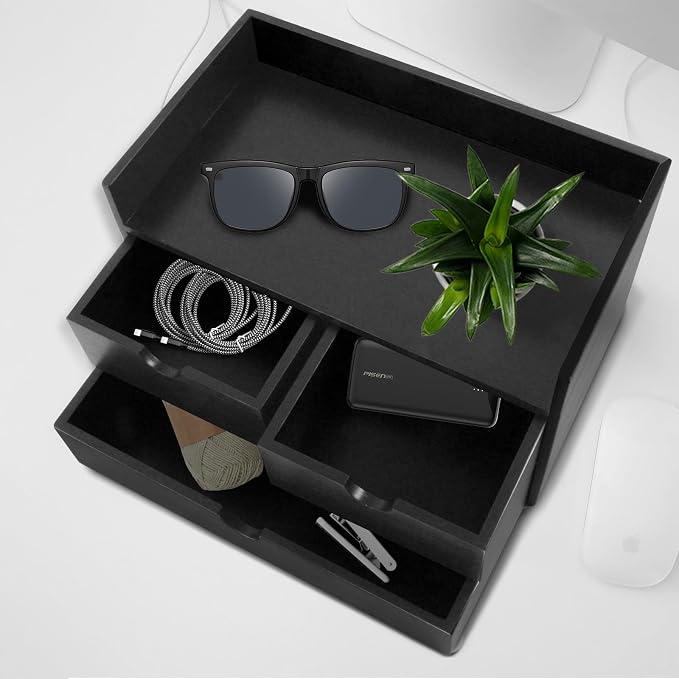 Charmewooden Bamboo Desk Organizer 3 Drawer with Shelf, Countertop Organizer with Drawers Makeup Storage Drawer 3 Drawers Tabletop Storage Organization Box Home Office Workspace（Black） - Image 7