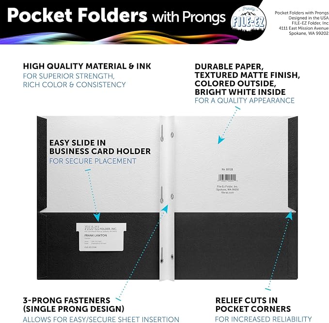 FILE-EZ Two-Pocket Folders with 3-Prong Fasteners, Black Color, 25-Pack, Durable Textured Paper, Matte Finish, Letter Sheet Size (EZ-92505) - Image 2