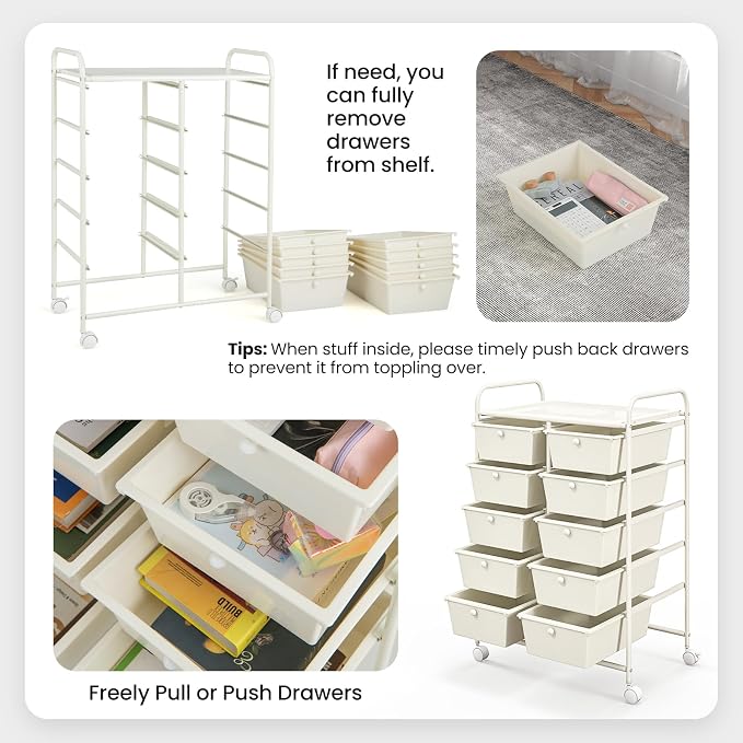 Giantex 10 Drawers Rolling Cart, Classroom Organizers, Storage Cart with Wheels, for Teacher Office Home School Supplies Tool Craft Art Paper, Ivory Color - Image 5