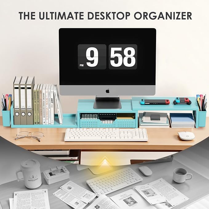 Desk Organizers and Accessories, Dual Monitor Stand Riser with Drawer and 2 Pen Holders, Desk Shelf Computer Monitor Stand for Office Workspace Organizers, Desktop Organization (Blue) - Image 6