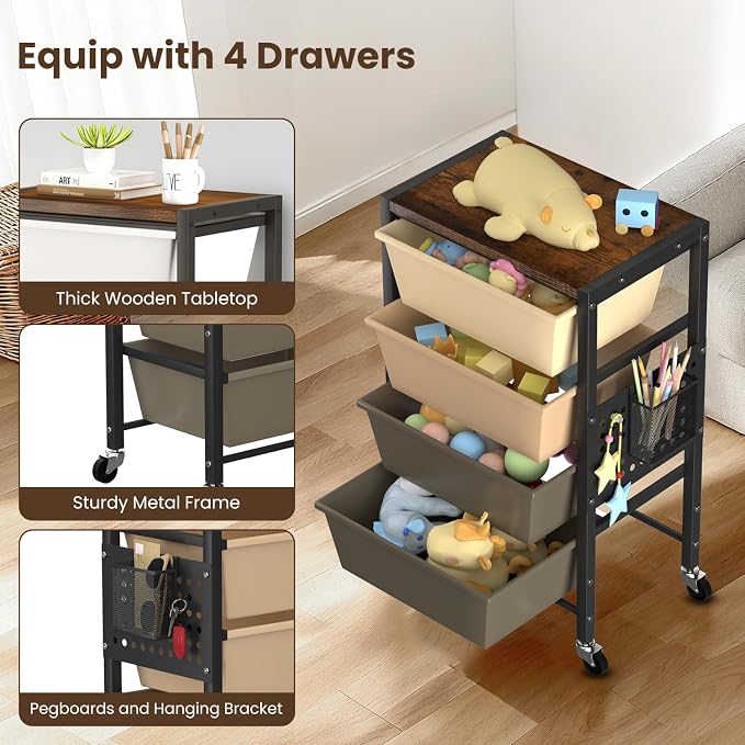 Rolling Cart with 4 Drawers, Plastic Drawer Storage Carts with Wheels & Wooden Tabletop, Metal Utility Cart with Pegboards, Office Living Room Classroom Craft Organization and Storage, Dark Brown - Image 5