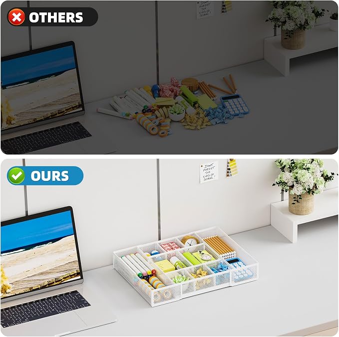 Marbrasse Expandable Desk Drawer Organizer, Mesh Drawer Organizer Tray with 10 Adjustable Compartments, Desk Organizers and Accessories for Office Supplies, Makeup & Vanity (Expandable White-2 pack) - Image 8