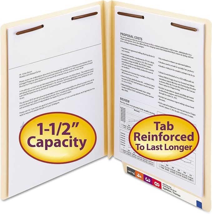 Smead Extra Capacity End Tab Fastener File Folder, Shelf-Master® Reinforced Straight-Cut Tab, 2 Fasteners, 1-1/2" Expansion, Letter Size, Manila, 50 per Box (34276) by SMEAD
